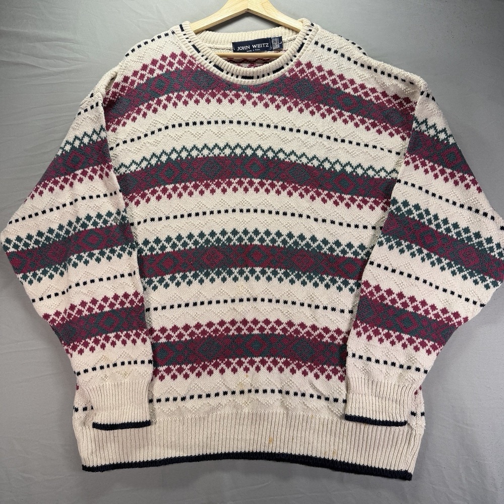 Vintage Grandpa Sweater Mens Large Multicolor Geometric Holiday Cotton 90s
